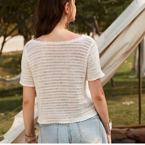 Bohemian Short Sleeve Knit Cardigan for Women - Casual Hollow - Picture 2 of 4